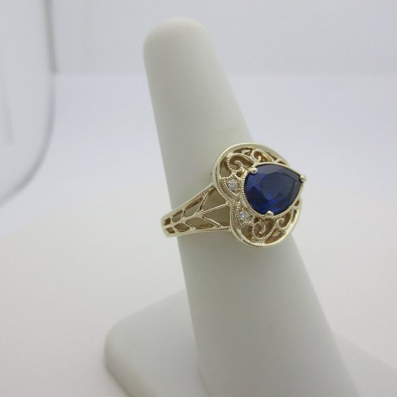 14k Blue Sapphire Diamond Ring Natural Pear Jewelry Filigree Sophia Fiori 6 1/2 - Picture 5 of 9
